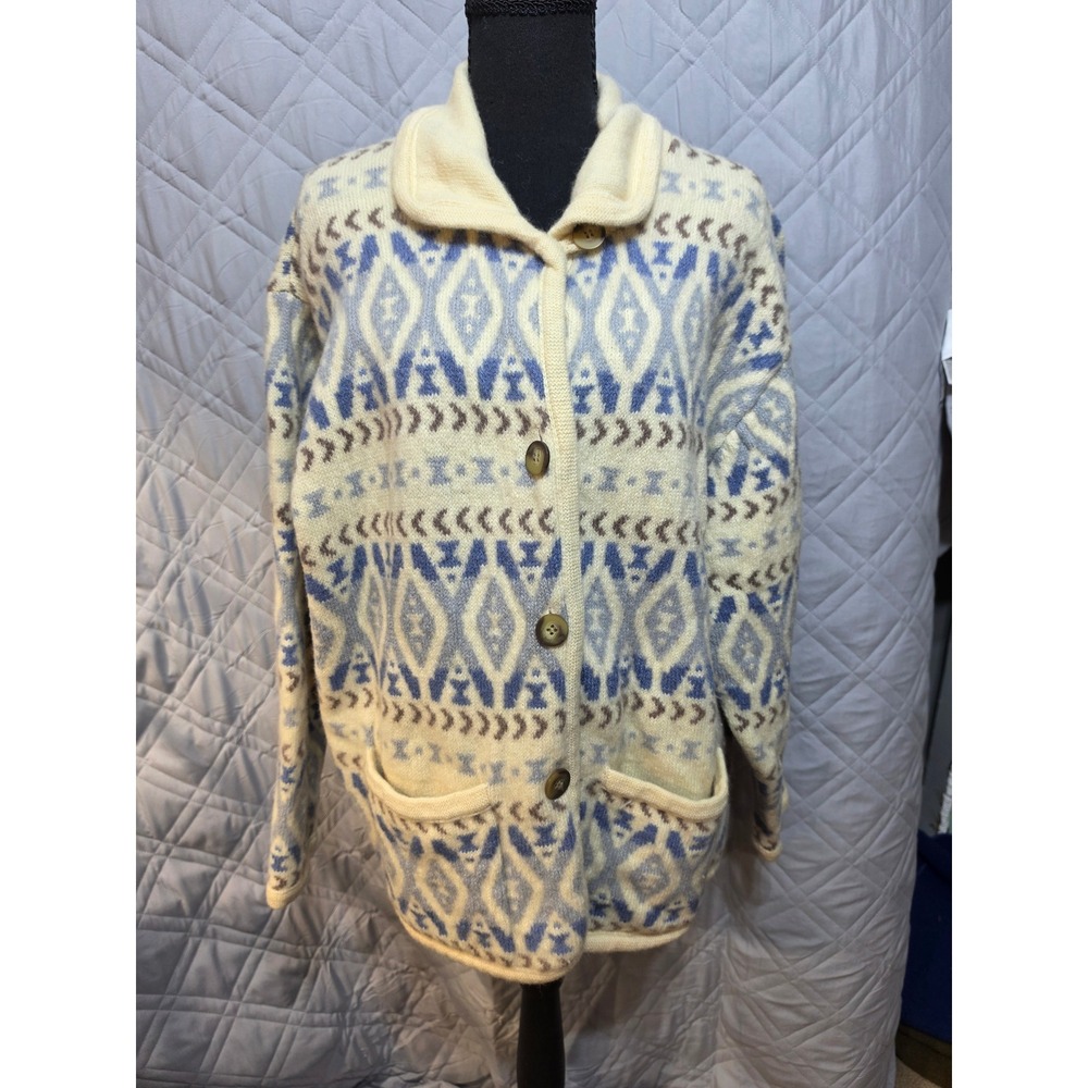 Laura Ashley Vintage Wool Fair Isle Cardigan Sweater Blue Cream Large Hong Kong